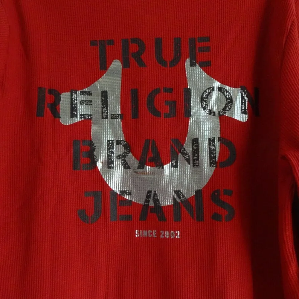 True Religion Henley Shirt Men's Size M Red Long Sleeve Waffle Logo Cotton